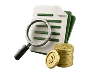 Ilustração 3D de lupa sobre documentos de empréstimo
